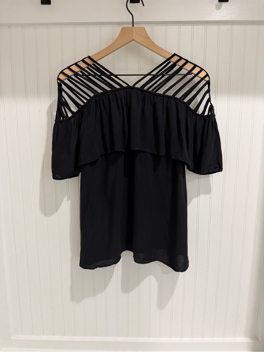 Black Strappy Cage Neck Ruffle Blouse Size Small